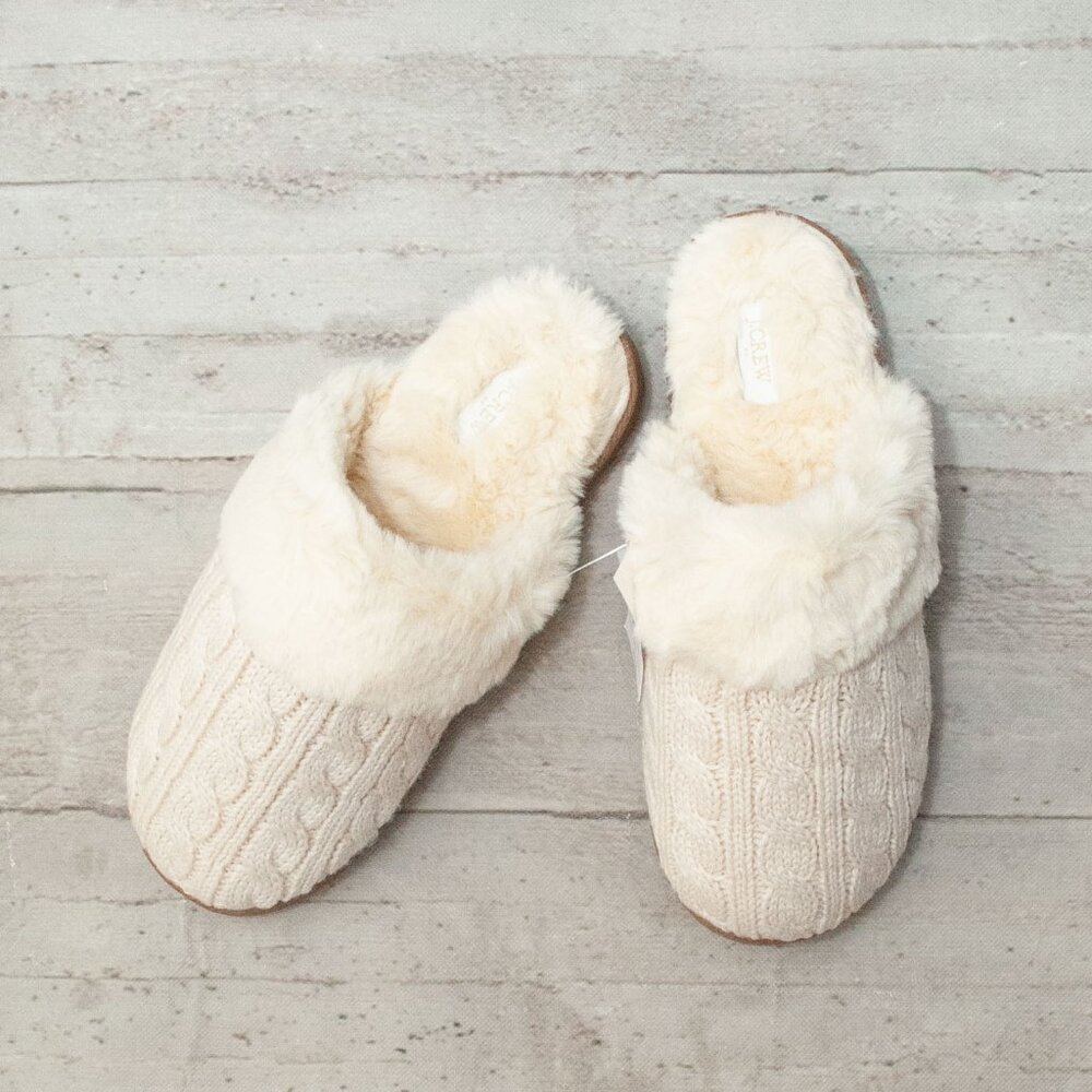 NWT J. Crew Cable Knit Sherpa Slippers in Cream size 8
